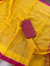 Mango Yellow Bengal Handloom Saree | Silk Cotton Sequin Sari with Pink combination - Kaash