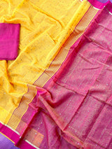 Mango Yellow Bengal Handloom Saree | Silk Cotton Sequin Sari with Pink combination - Kaash