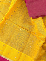 Mango Yellow Bengal Handloom Saree | Silk Cotton Sequin Sari with Pink combination - Kaash