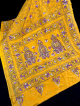 Mango Yellow Color Hand Kantha Stitch Saree with Multi Color | Handwoven Kantha Stitch Sarees | Kantha Saress | Bengal Saree - Kaash