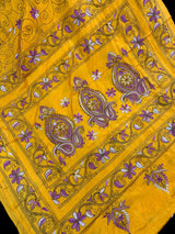 Mango Yellow Color Hand Kantha Stitch Saree with Multi Color | Handwoven Kantha Stitch Sarees | Kantha Saress | Bengal Saree - Kaash
