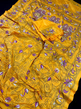 Mango Yellow Color Hand Kantha Stitch Saree with Multi Color | Handwoven Kantha Stitch Sarees | Kantha Saress | Bengal Saree - Kaash