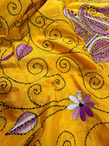 Mango Yellow Color Hand Kantha Stitch Saree with Multi Color | Handwoven Kantha Stitch Sarees | Kantha Saress | Bengal Saree - Kaash