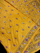 Mango Yellow Color Hand Kantha Stitch Saree with Multi Color | Handwoven Kantha Stitch Sarees | Kantha Saress | Bengal Saree - Kaash