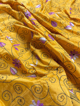 Mango Yellow Color Hand Kantha Stitch Saree with Multi Color | Handwoven Kantha Stitch Sarees | Kantha Saress | Bengal Saree - Kaash