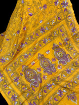 Mango Yellow Color Hand Kantha Stitch Saree with Multi Color | Handwoven Kantha Stitch Sarees | Kantha Saress | Bengal Saree - Kaash