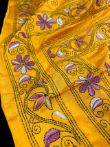 Mango Yellow Color Hand Kantha Stitch Saree with Multi Color | Handwoven Kantha Stitch Sarees | Kantha Saress | Bengal Saree - Kaash