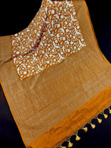 Mango Yellow Banarasi saree in pure crepe silk with banarasi border with parsi gara embroidery with banarasi border — Kaash Collection