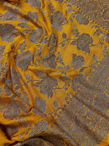Mango Yellow Color Pure Khaddi Georgette Banarasi Silk Saree with Antique Zari Weave | Yellow Color Saree | SILK MARK CERTIFIED - Kaash