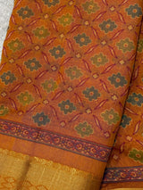Mango Yellow Cotton Silk Print saree in soft cotton silk with floral print in kantha-inspired pattern — Kaash Collection