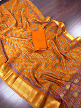 Mango Yellow Cotton Silk Print saree in soft cotton silk with floral print in kantha-inspired pattern — Kaash Collection