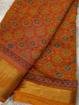 Mango Yellow Cotton Silk Print saree in soft cotton silk with floral print in kantha-inspired pattern — Kaash Collection
