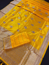 Silk Mark Certified Mango Yellow Pure Katan saree in pure katan silk with antique copper zari handwoven — Kaash Collection