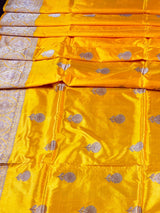 Silk Mark Certified Mango Yellow Pure Katan saree in pure katan silk with antique copper zari handwoven — Kaash Collection
