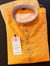 Mango Yellow men's kurta pajama in raw silk with floral self-embroidery on front, back & sleeves — Kaash Collection