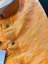 Mango Yellow men's kurta pajama in raw silk with floral self-embroidery on front, back & sleeves — Kaash Collection