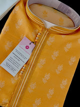 Mango Yellow men's kurta pajama in soft silk (non-pure) with silver floral pattern — Kaash Collection