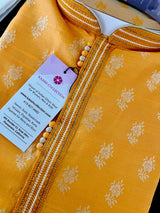 Mango Yellow Soft Silk Kurta Pajama for Men with Sliver Floral Pattern | Mens Ethnic Wear | Floral Kurta | Kurta for Haldi Function - Kaash