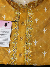 Mango Yellow men's kurta pajama in soft silk with hand-embroidered neckline with mirror work — Kaash Collection