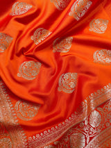 Marigold Color Banarasi Mashru Silk Saree, Muted Gold Zari Weave, Small Border - Kaash