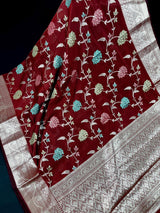 Maroon Banarasi Semi with Gold Buttas saree in banarasi semi silk with gold zari buttas with floral jaal & meenakari — Kaash Collection