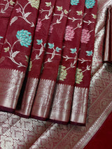 Maroon Banarasi Semi with Gold Buttas saree in banarasi semi silk with gold zari buttas with floral jaal & meenakari — Kaash Collection
