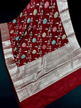 Maroon Banarasi Semi with Gold Buttas saree in banarasi semi silk with gold zari buttas with floral jaal & meenakari — Kaash Collection