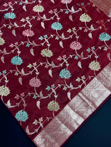 Maroon Banarasi Semi with Gold Buttas saree in banarasi semi silk with gold zari buttas with floral jaal & meenakari — Kaash Collection