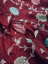 Maroon Banarasi Semi with Gold Buttas saree in banarasi semi silk with gold zari buttas with floral jaal & meenakari — Kaash Collection