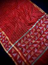 Silk Mark Certified Maroon Pure Raw Silk in Checks saree in pure raw silk with checks with gold & silver resham zari borders — Kaash Collection
