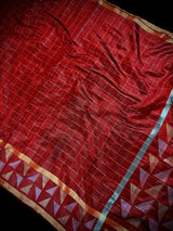 Silk Mark Certified Maroon Pure Raw Silk in Checks saree in pure raw silk with checks with gold & silver resham zari borders — Kaash Collection