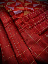 Silk Mark Certified Maroon Pure Raw Silk in Checks saree in pure raw silk with checks with gold & silver resham zari borders — Kaash Collection