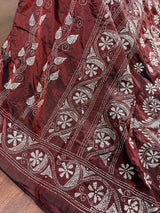 Maroon hand Kantha stitch saree on Bangalori silk — Kaash Collection
