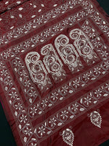 Maroon with White Kantha hand Kantha stitch saree on Bangalori silk — Kaash Collection