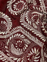 Maroon with White Kantha hand Kantha stitch saree on Bangalori silk — Kaash Collection