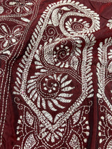 Maroon Color Kantha Stitch Saree - Bangalori Silk Saree - Handwoven Kantha Stitch Saree - Maroon and White Color Kantha Stitch Silk Saree - Kaash