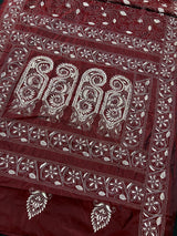 Maroon Color Kantha Stitch Saree - Bangalori Silk Saree - Handwoven Kantha Stitch Saree - Maroon and White Color Kantha Stitch Silk Saree - Kaash