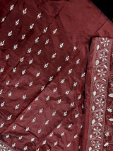 Maroon Color Kantha Stitch Saree - Bangalori Silk Saree - Handwoven Kantha Stitch Saree - Maroon and White Color Kantha Stitch Silk Saree - Kaash