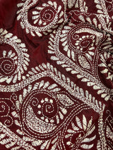 Maroon Color Kantha Stitch Saree - Bangalori Silk Saree - Handwoven Kantha Stitch Saree - Maroon and White Color Kantha Stitch Silk Saree - Kaash