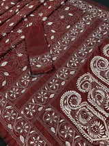 Maroon Color Kantha Stitch Saree - Bangalori Silk Saree - Handwoven Kantha Stitch Saree - Maroon and White Color Kantha Stitch Silk Saree - Kaash