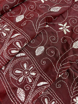 Maroon Color Kantha Stitch Saree - Bangalori Silk Saree - Handwoven Kantha Stitch Saree - Maroon and White Color Kantha Stitch Silk Saree - Kaash