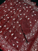 Maroon Color Kantha Stitch Saree - Bangalori Silk Saree - Handwoven Kantha Stitch Saree - Maroon and White Color Kantha Stitch Silk Saree - Kaash