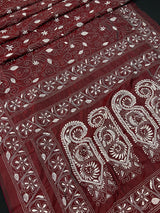 Maroon Color Kantha Stitch Saree - Bangalori Silk Saree - Handwoven Kantha Stitch Saree - Maroon and White Color Kantha Stitch Silk Saree - Kaash