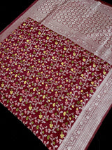 Maroon Red Color Banarasi Semi Georgette Dupion Soft Silk with Floral Meenakari Work - Kaash