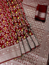 Maroon Red Color Banarasi Semi Georgette Dupion Soft Silk with Floral Meenakari Work - Kaash