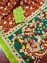Maroon with Bottle Green and Multi - color Printed design Soft Silk Kalamkari Saree - Kaash