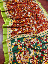 Maroon with Bottle Green and Multi - color Printed design Soft Silk Kalamkari Saree - Kaash