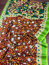 Maroon with Bottle Green and Multi-color Printed design Soft Silk Kalamkari Saree | Kalamkari Prints | Gift for Her | Kaash Collection - Kaash