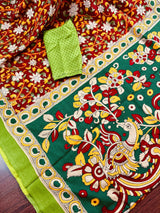 Maroon with Bottle Green and Multi-color Printed design Soft Silk Kalamkari Saree | Kalamkari Prints | Gift for Her | Kaash Collection - Kaash