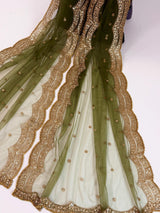 Mehandi Green net dupatta with gold zari, sequin & beads — Kaash Collection